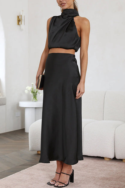 Set Gonna Lunga Donna in Satin Scollo Allacciato