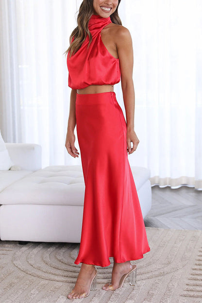 Set Gonna Lunga Donna in Satin Scollo Allacciato