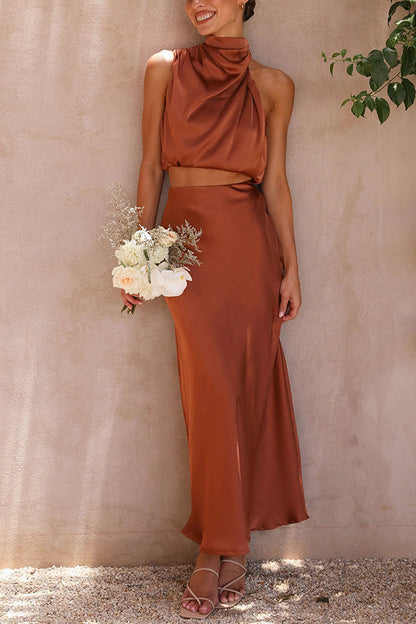 Set Gonna Lunga Donna in Satin Scollo Allacciato