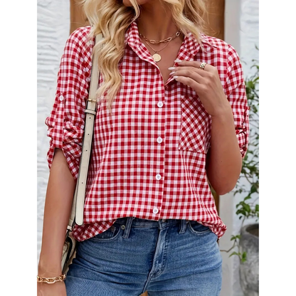Camicia Donna Quadri Manica Lunga Colletto Casual