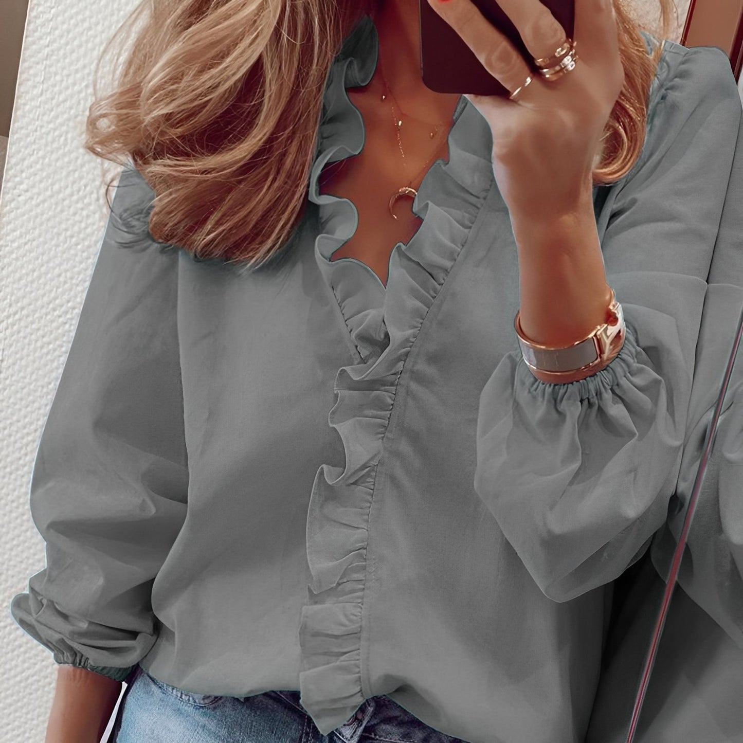 Blusa Donna in Viscosa con Scollo a V e Ruches