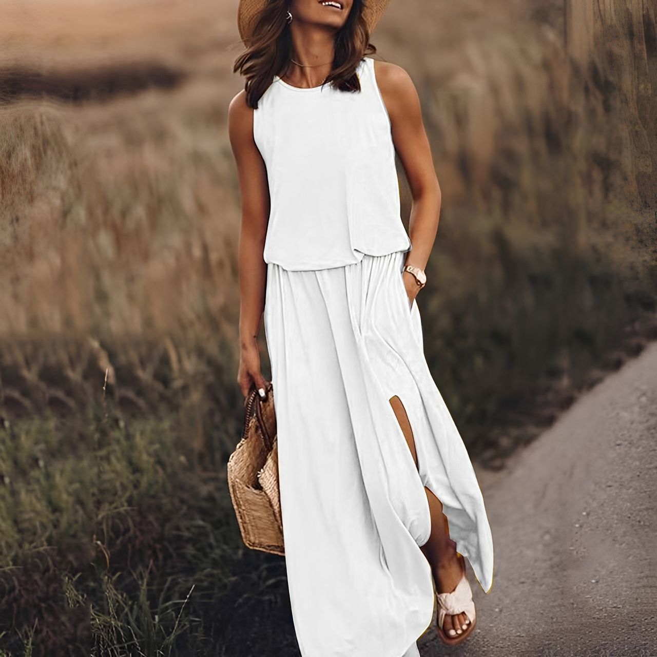 Abito Maxi Donna Senza Maniche Stile Casual