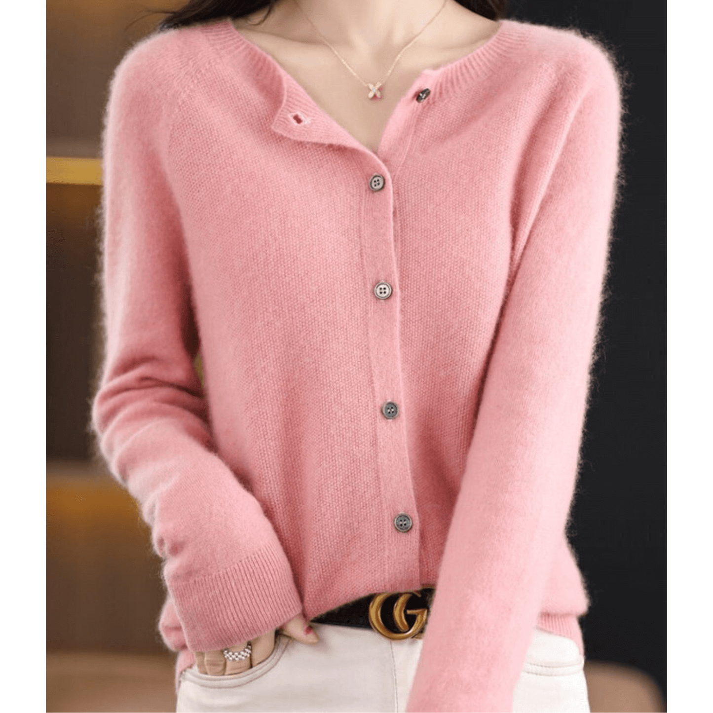 Cardigan Donna Maglia Fina Scollo Tondo Effetto Lana