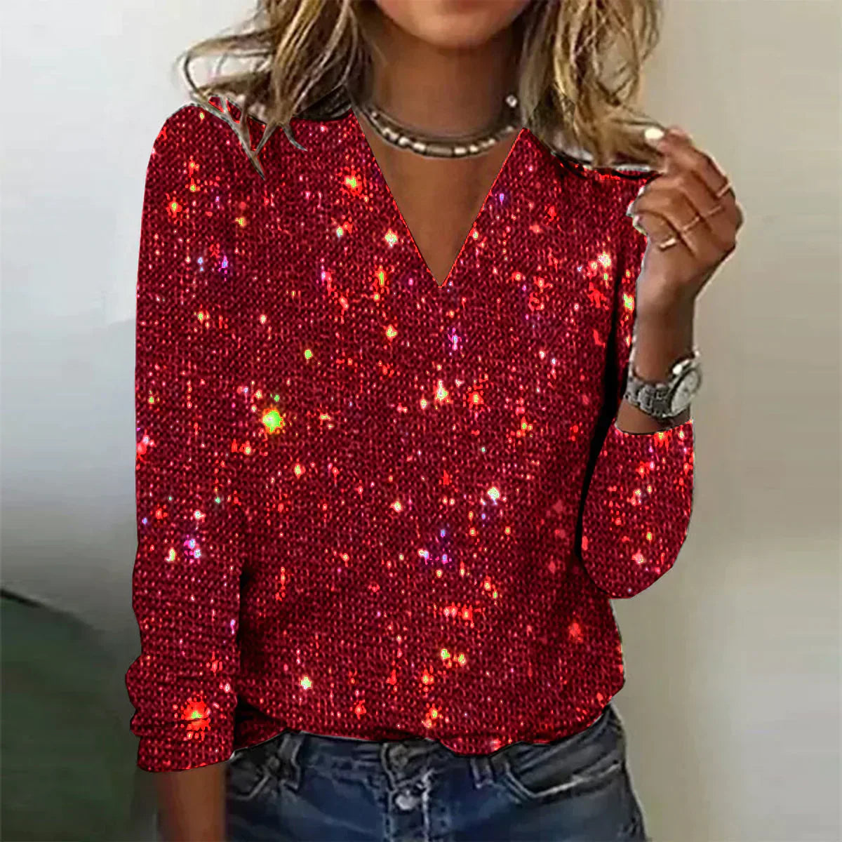 Maglione Donna con Scollo a V e Paillettes