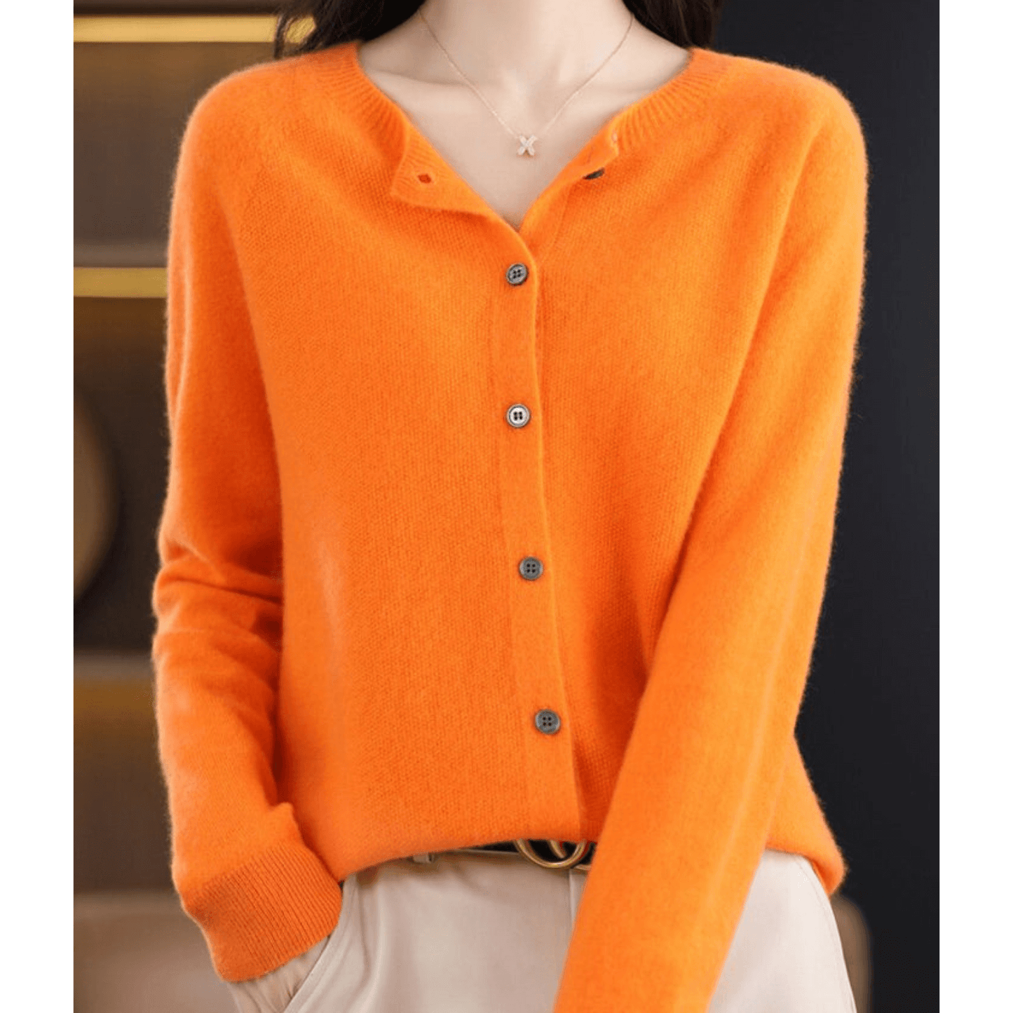 Cardigan Donna Maglia Fina Scollo Tondo Effetto Lana