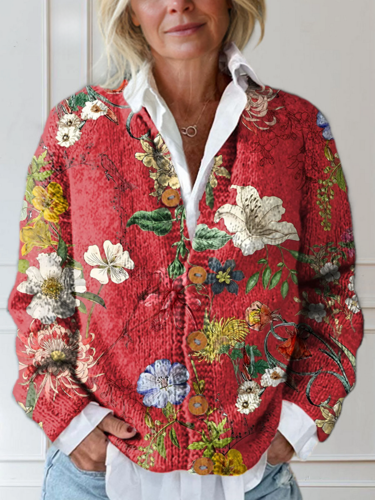 Cardigan Donna Vintage Stampa Floreale Bottoni - Brentozzi
