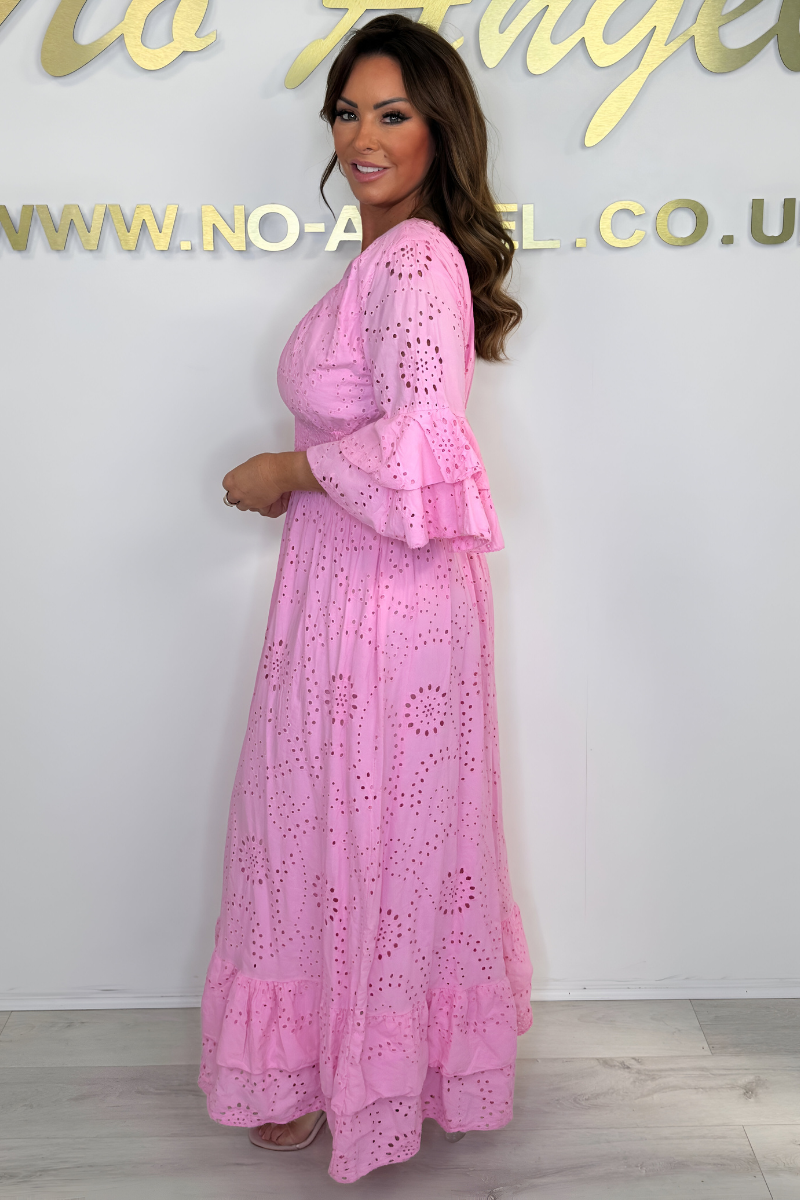 Abito Maxi Donna Boho Manica a Volant Ricamato