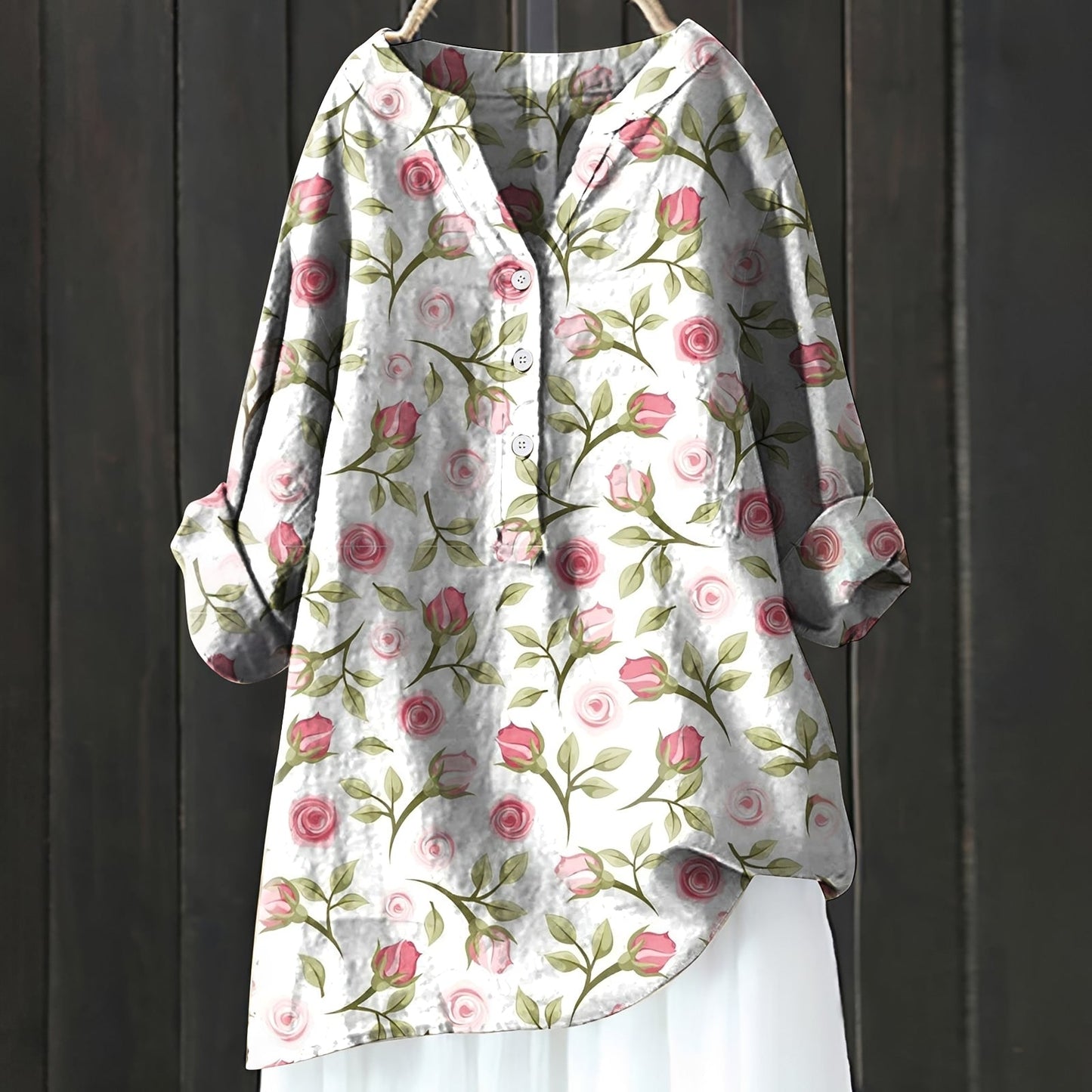 Camicia Donna con Mezza Patta a Fiori Stile Elegante