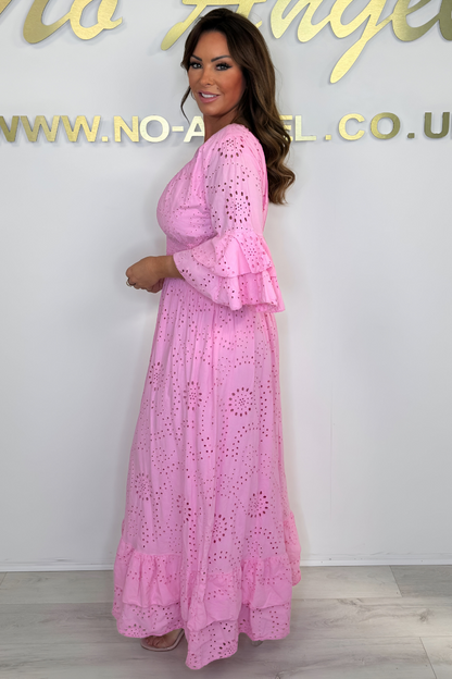 Abito Maxidress Donna Boho Manica a Volant Ricamato