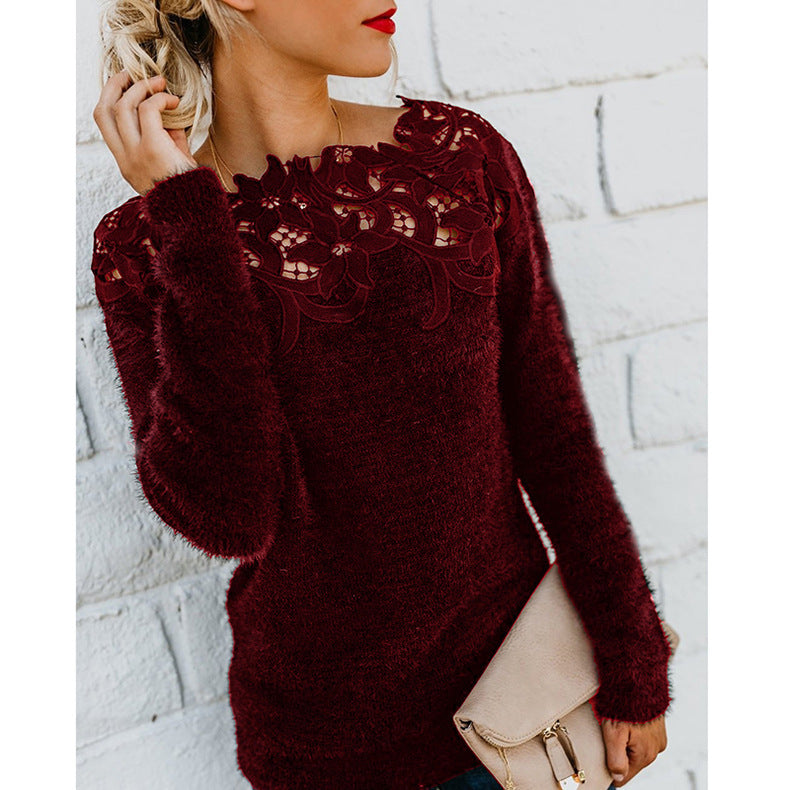Maglione Donna con Inserti in Pizzo Girocollo