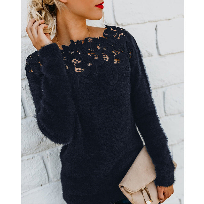 Maglione Donna con Inserti in Pizzo Girocollo