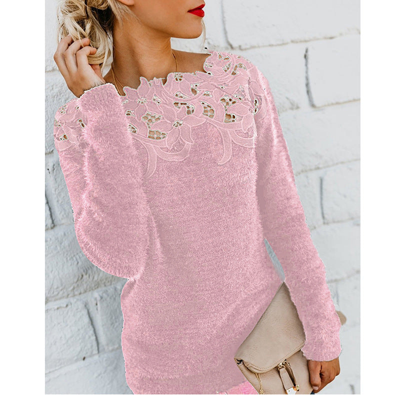 Maglione Donna con Inserti in Pizzo Girocollo