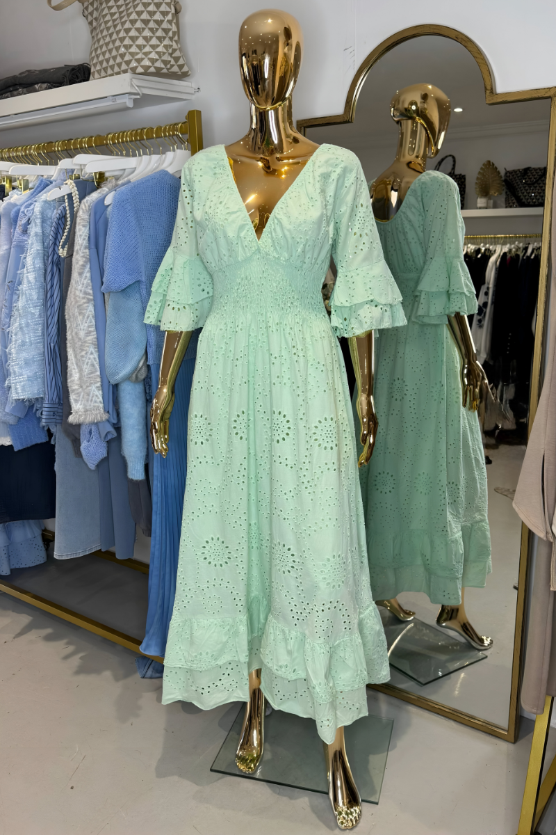 Abito Maxidress Donna Boho Manica a Volant Ricamato