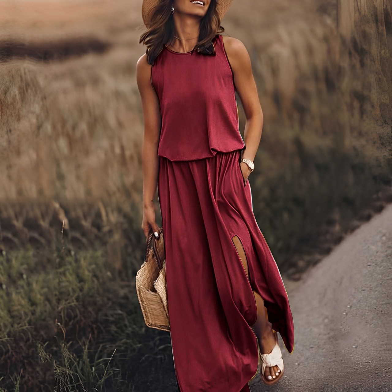 Abito Maxi Donna Senza Maniche Stile Casual