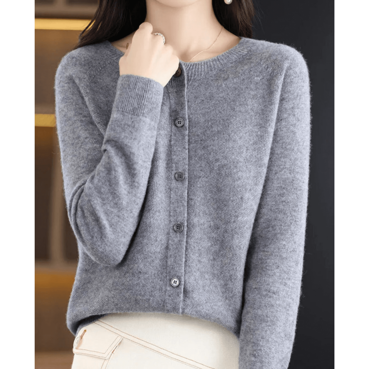 Cardigan Donna Maglia Fina Scollo Tondo Effetto Lana