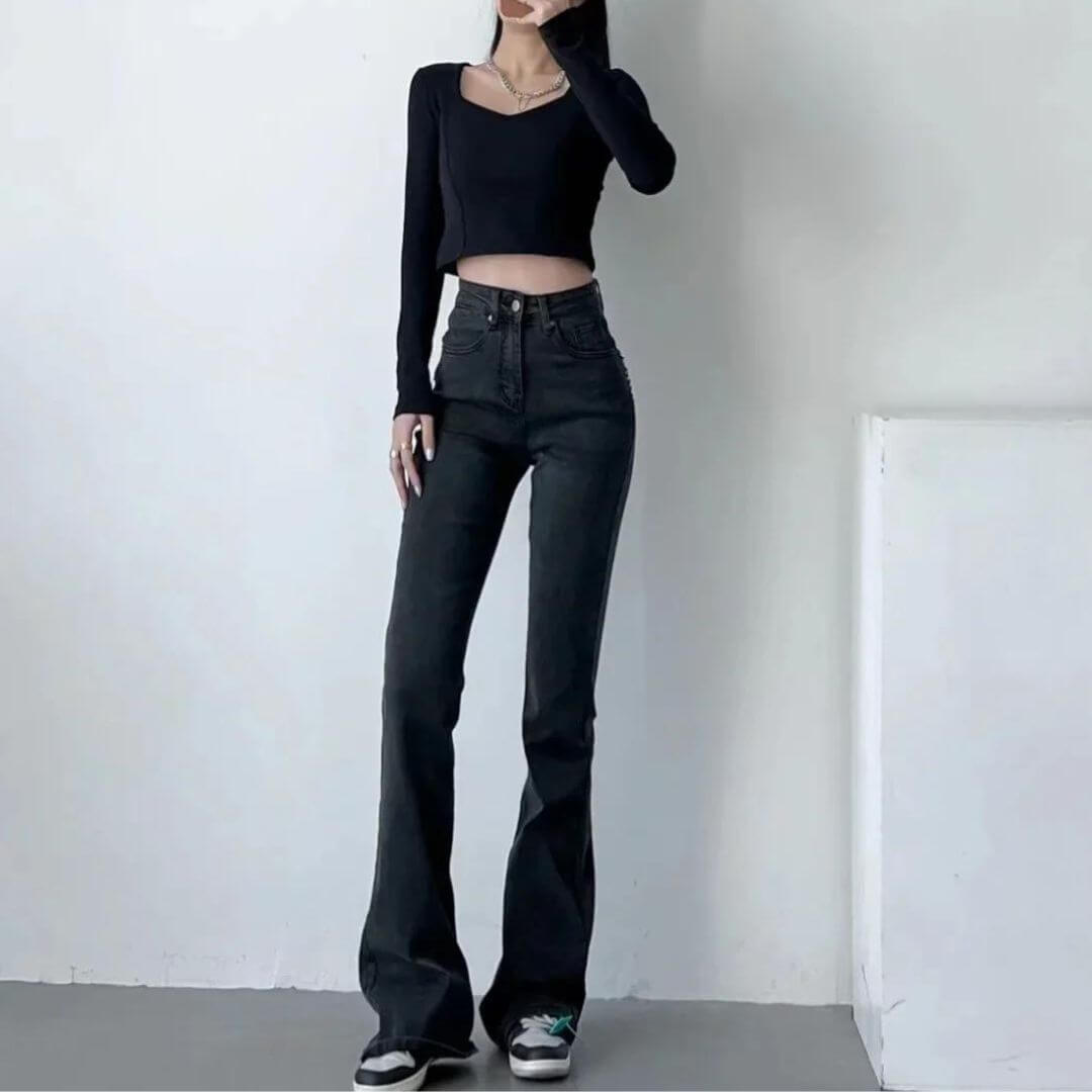 Jeans Donna Vita Alta con Frange a Cuore Taglio Svasato