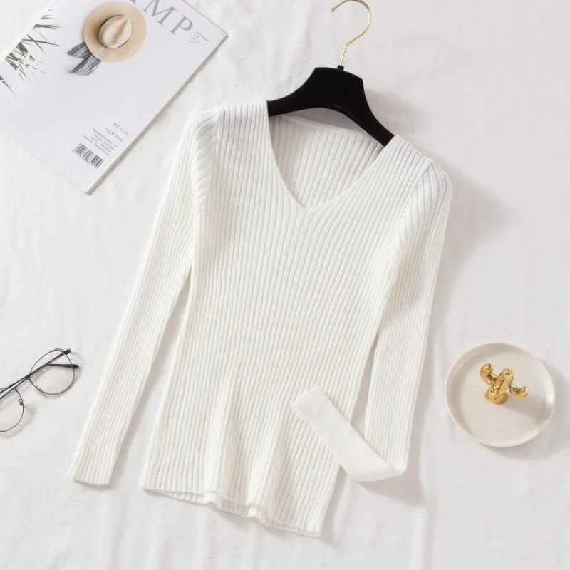 Maglione Donna Scollo a V Coste Vestibilità Slim