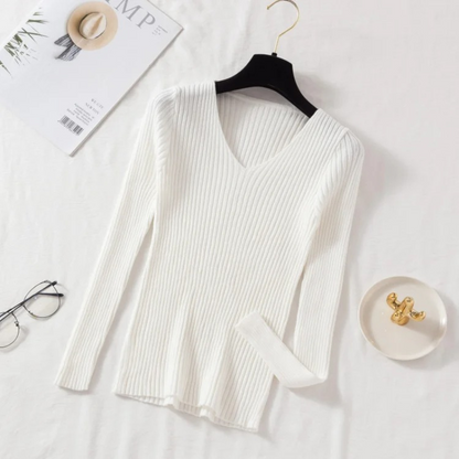 Maglione Donna Scollo a V Coste Vestibilità Slim