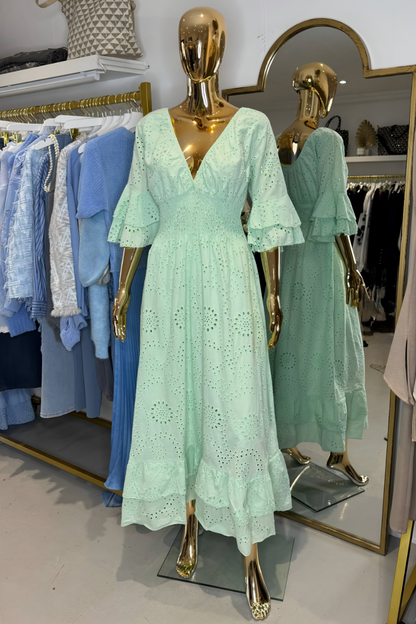 Abito Maxi Donna Boho Manica a Volant Ricamato
