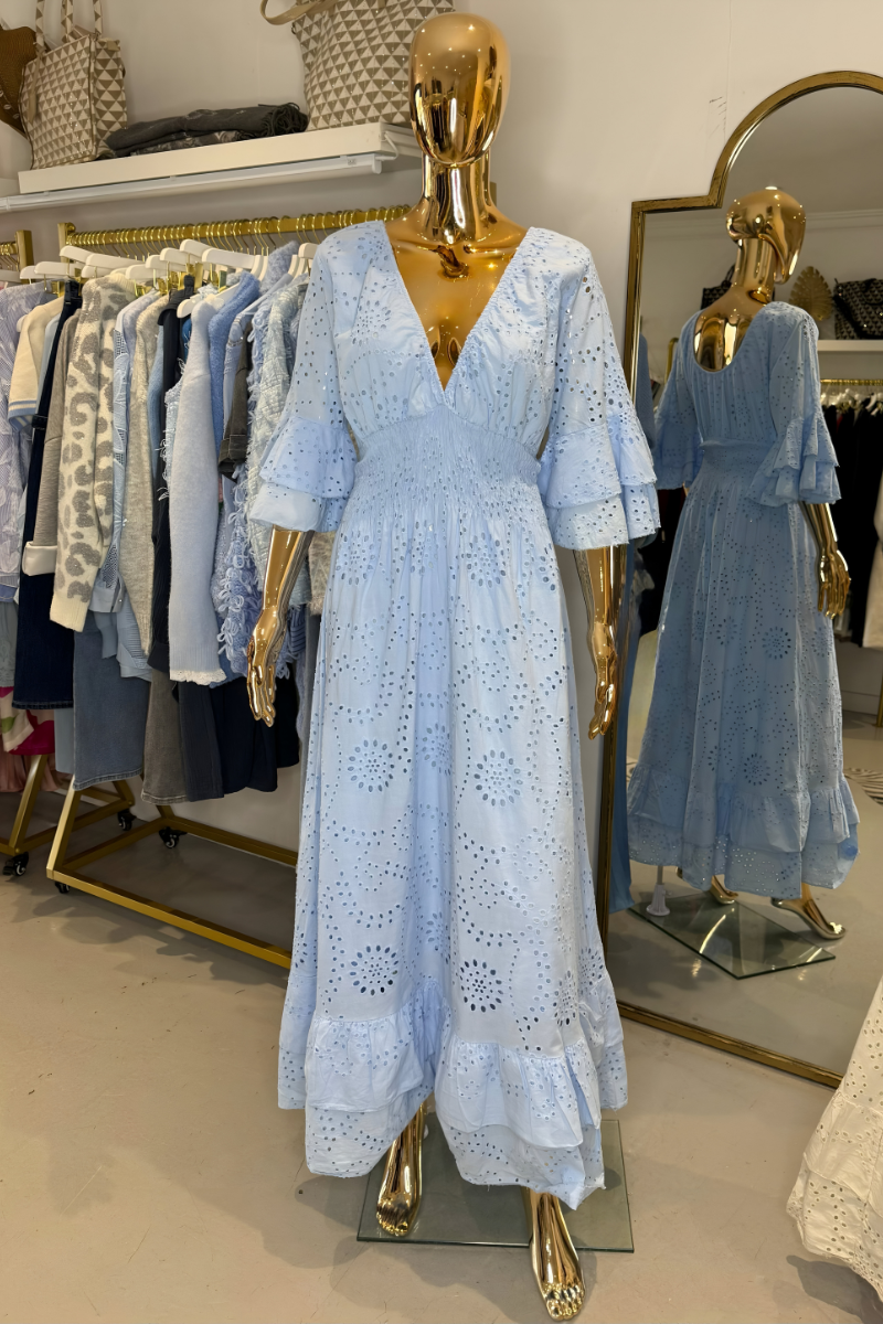 Abito Maxi Donna Boho Manica a Volant Ricamato