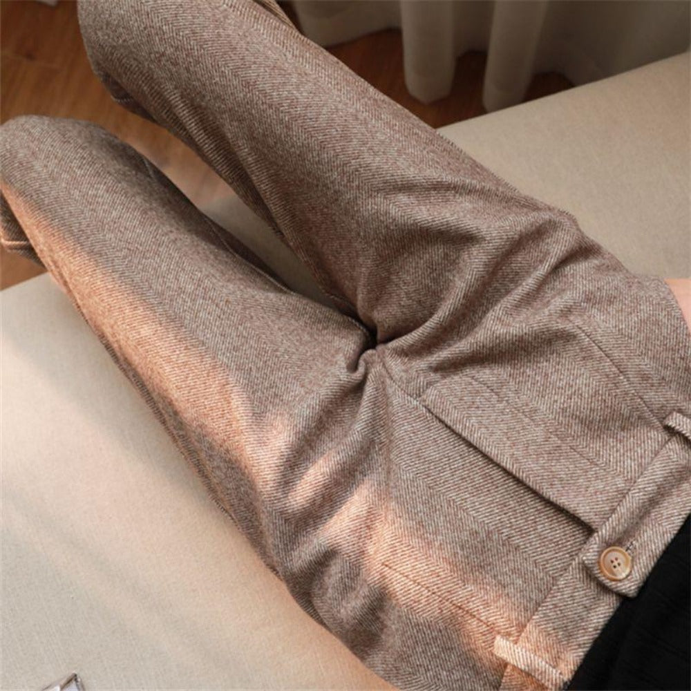 Pantaloni Donna Tessuto Spina di Pesce Vita Alta Slim