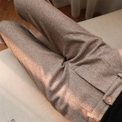 Pantaloni Donna Tessuto Spina di Pesce Vita Alta Slim