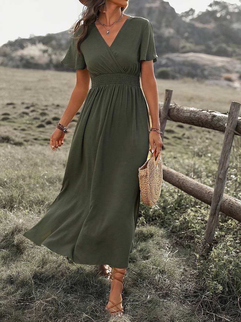 Abito Maxi Donna Scollo a V Stile Boho Elegante