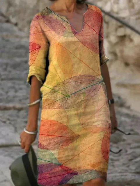 Abito Midi Donna Scollo a V Fantasia Foglie Estate