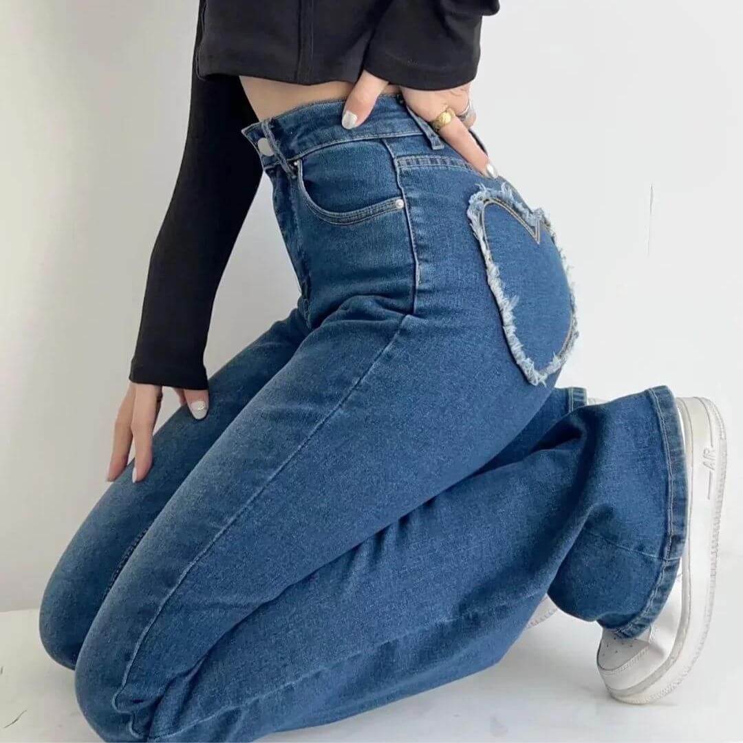 Jeans Donna Vita Alta con Frange a Cuore Taglio Svasato