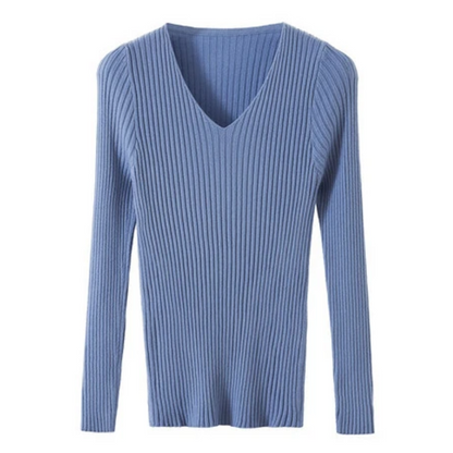 Maglione Donna Scollo a V Coste Vestibilità Slim