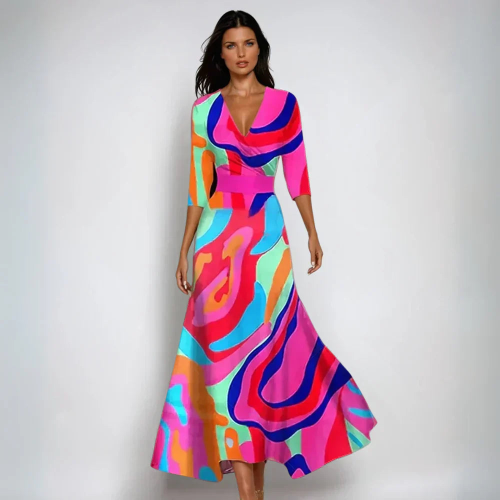 Abito Maxi Donna Fantasia Floreale Scollo a V