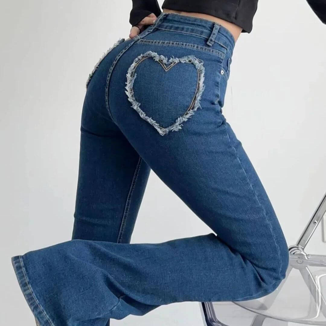 Jeans Donna Vita Alta con Frange a Cuore Taglio Svasato