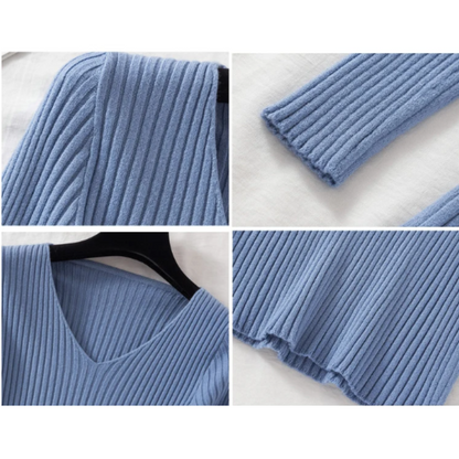 Maglione Donna Scollo a V Coste Vestibilità Slim