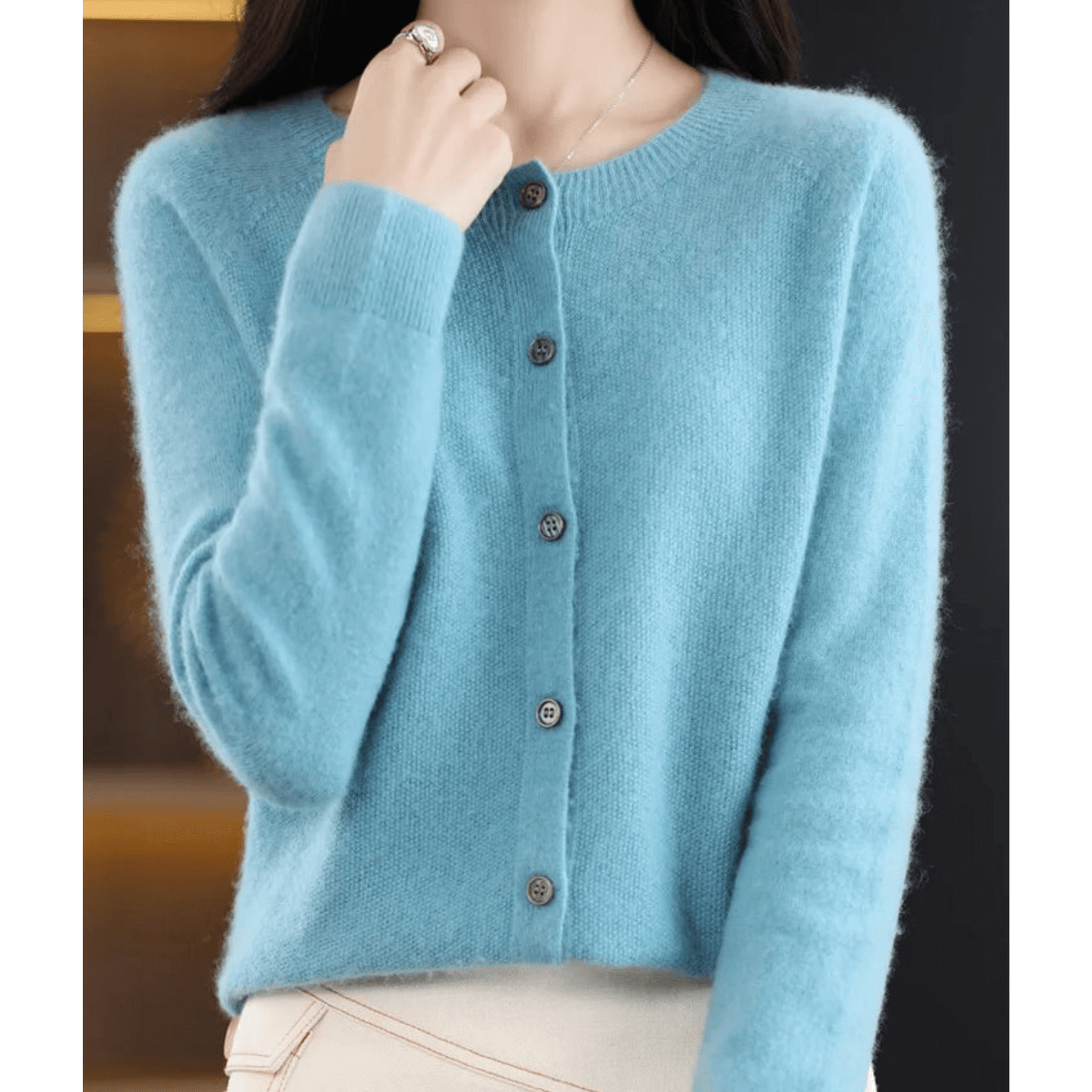 Cardigan Donna Maglia Fina Scollo Tondo Effetto Lana