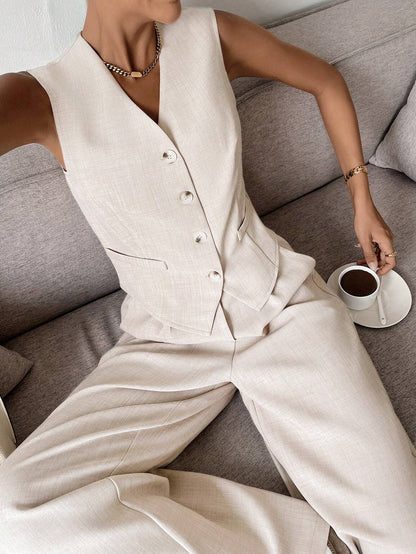 Completo Donna Gilet e Pantaloni Lino Vestibilità Ampia
