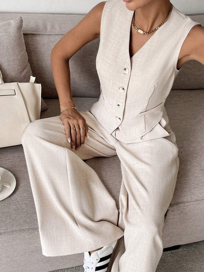 Completo Donna Gilet e Pantaloni Lino Vestibilità Ampia
