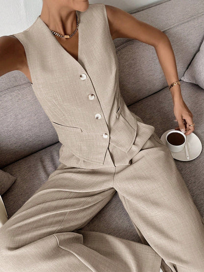 Completo Donna Gilet e Pantaloni Lino Vestibilità Ampia