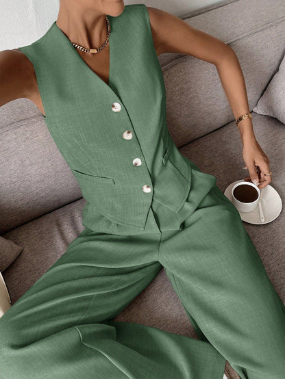 Completo Donna Gilet e Pantaloni Lino Vestibilità Ampia