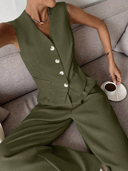 Completo Donna Gilet e Pantaloni Lino Vestibilità Ampia