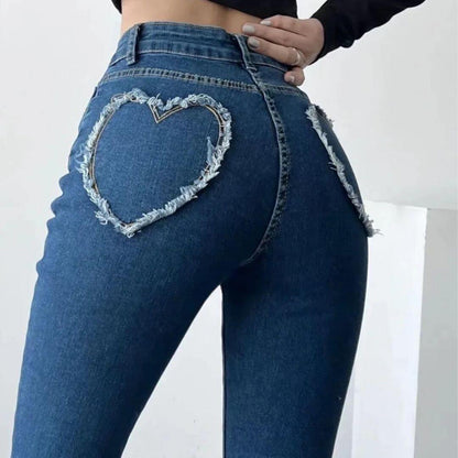 Jeans Donna Vita Alta con Frange a Cuore Taglio Svasato