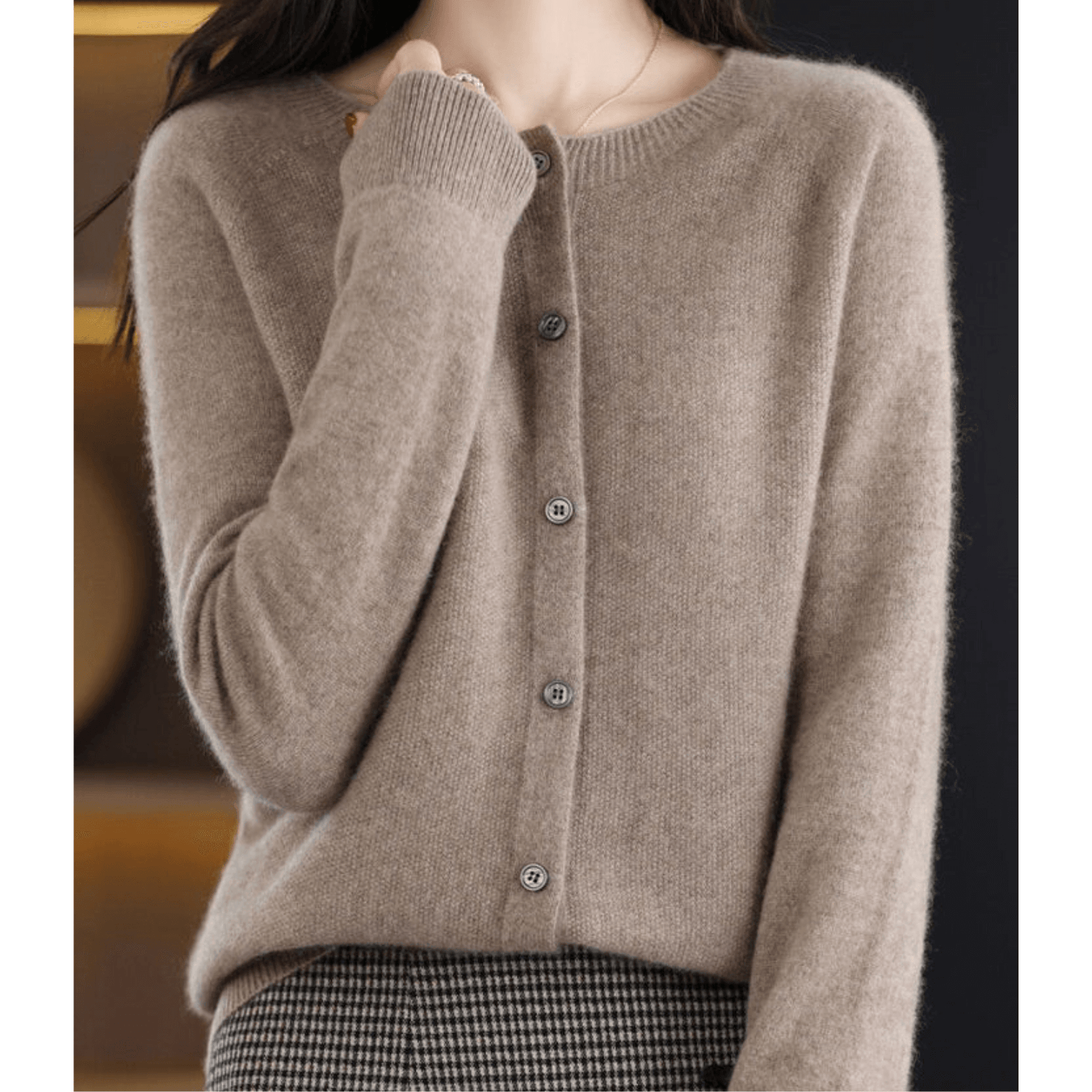 Cardigan Donna Maglia Fina Scollo Tondo Effetto Lana