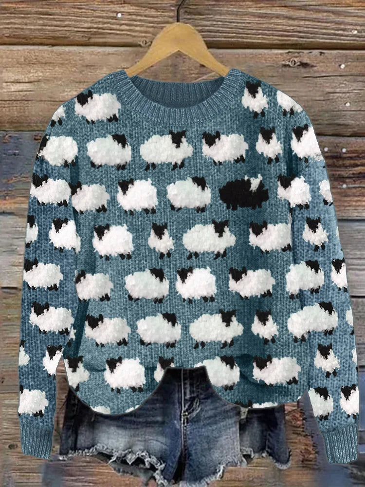 Maglione Donna in Lana con Stampa Pecore Morbido