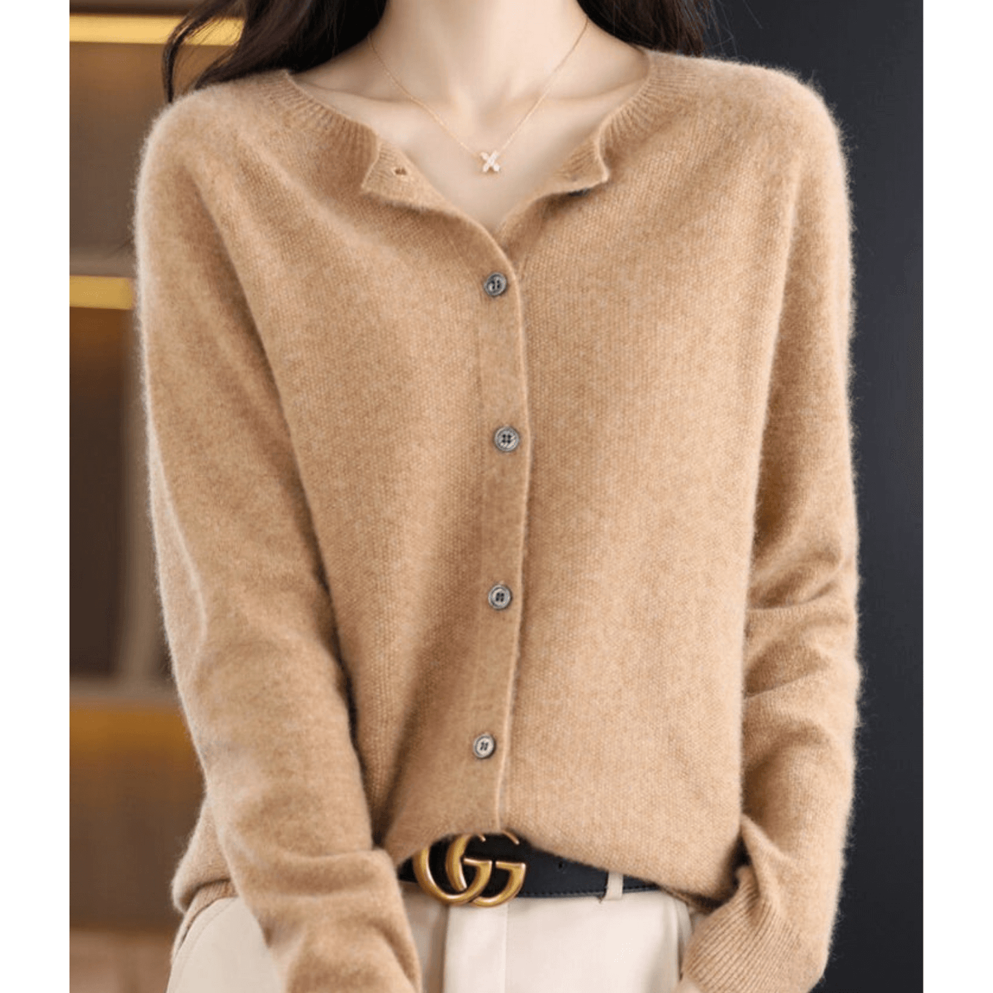 Cardigan Donna Maglia Fina Scollo Tondo Effetto Lana