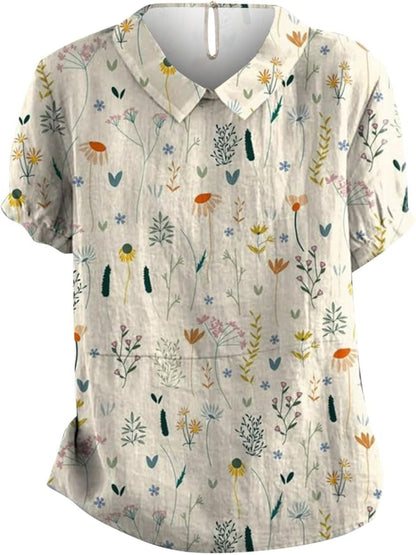 Blusa Donna Fantasia Floreale Manica Corta con Colletto