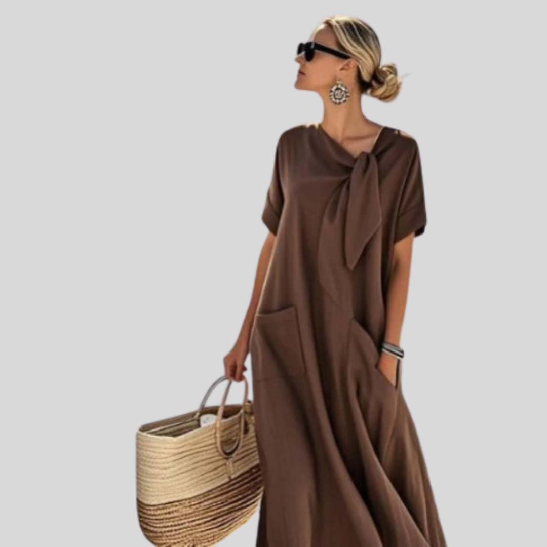 Abito Midi Donna Tasche Scollo con Laccio Vestibilità Larga