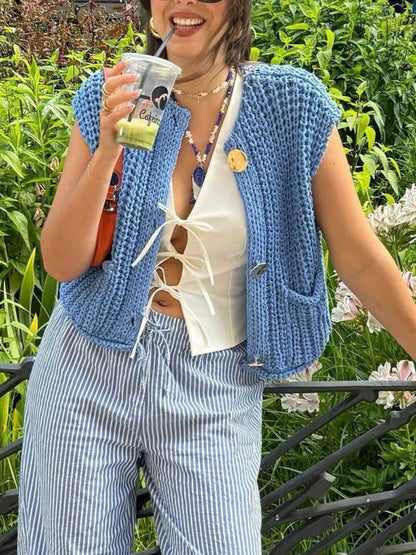 Cardigan Corto Donna Senza Maniche in Maglia con Tasche