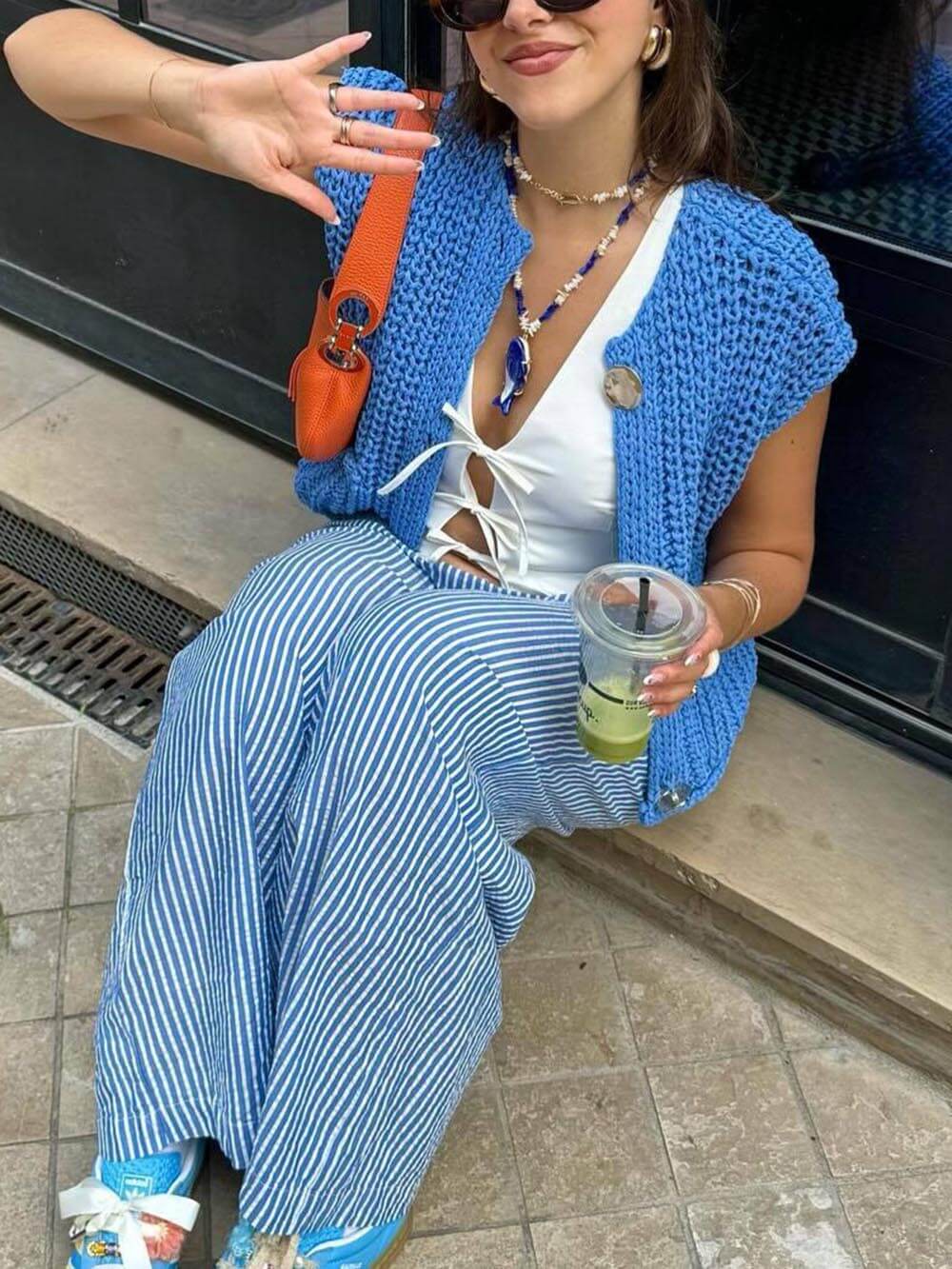Cardigan Corto Donna Senza Maniche in Maglia con Tasche