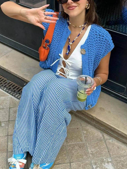 Cardigan Corto Donna Senza Maniche in Maglia con Tasche