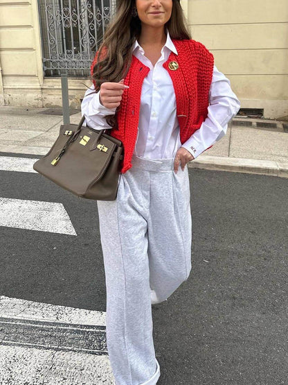 Cardigan Corto Smanicato Donna in Maglia con Tasche