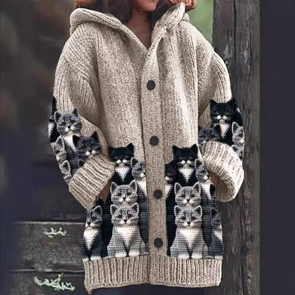 Cardigan Donna con Cappuccio Motivo Gatto